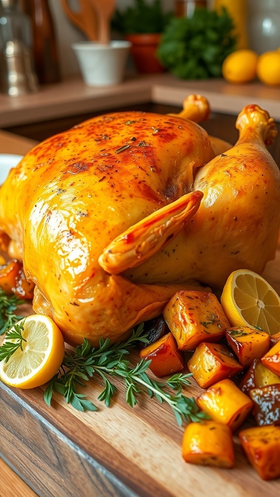 Herb and Garlic Seasoned Whole Chicken Recipe A golden roasted whole chicken with herbs and lemon, served on a wooden board with roasted vegetables.